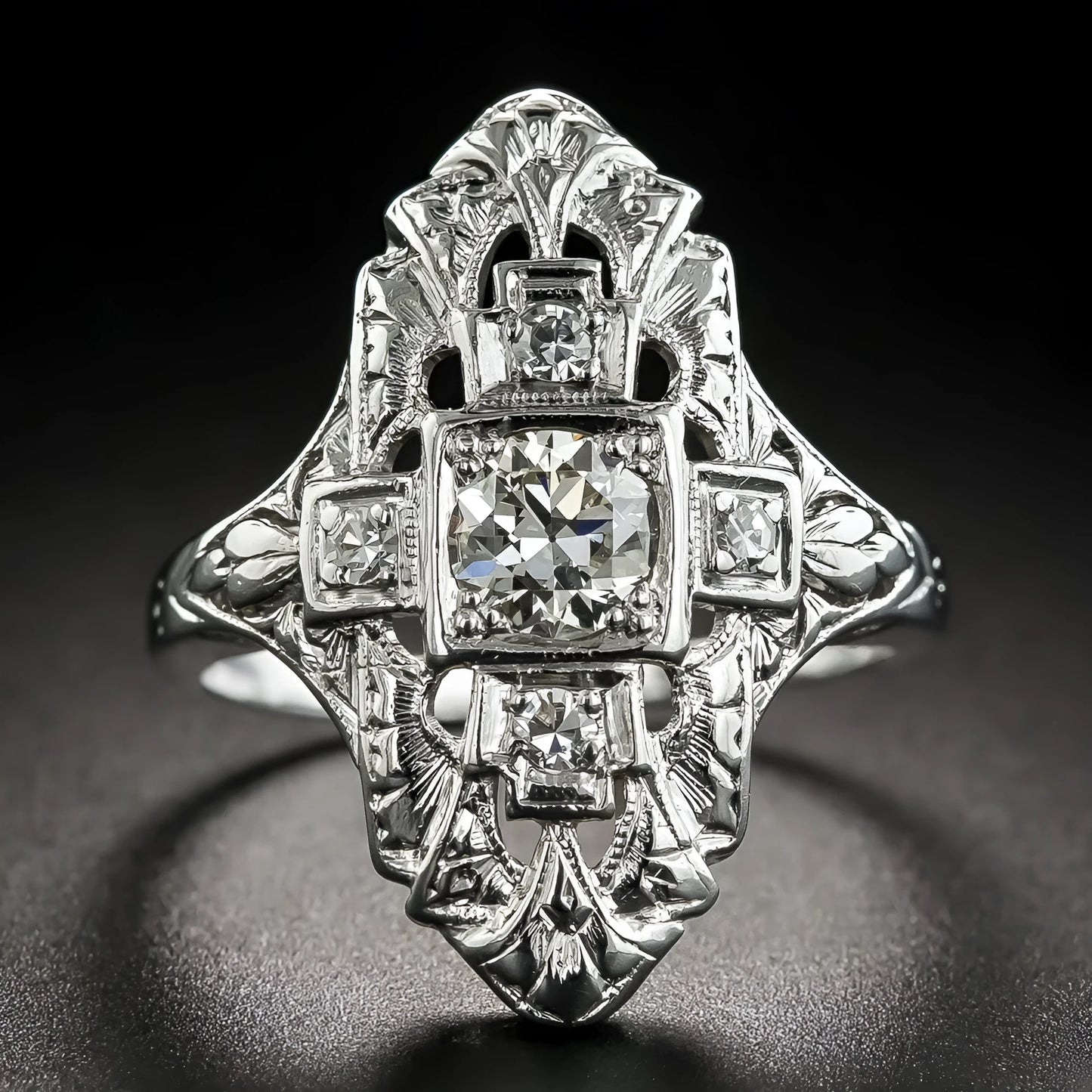 Hollow geometric ring with diamond-studded design in electroplated silver finish