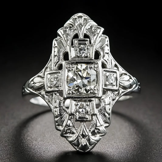 Hollow geometric ring with diamond-studded design in electroplated silver finish