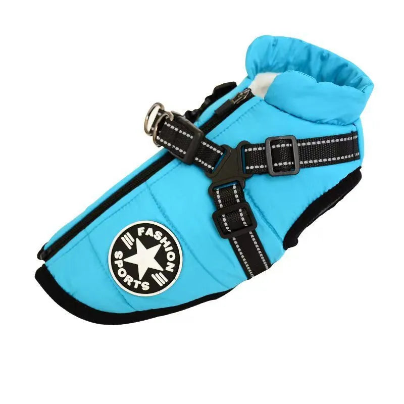Waterproof dog coat with integrated harness in red colour, sized for medium dog breeds