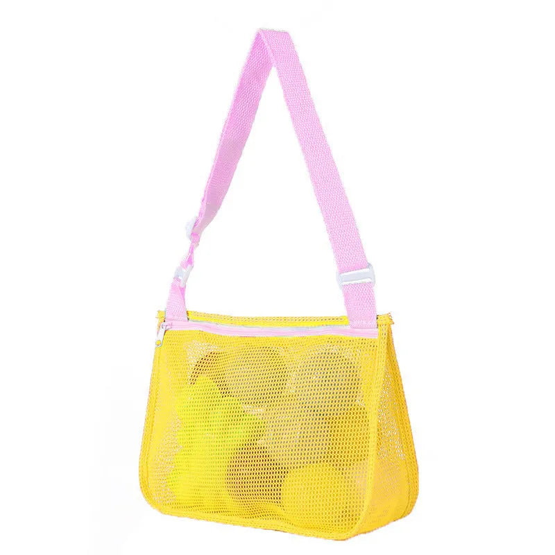 Blue children's travel storage organiser bag with nylon mesh construction and shoulder strap