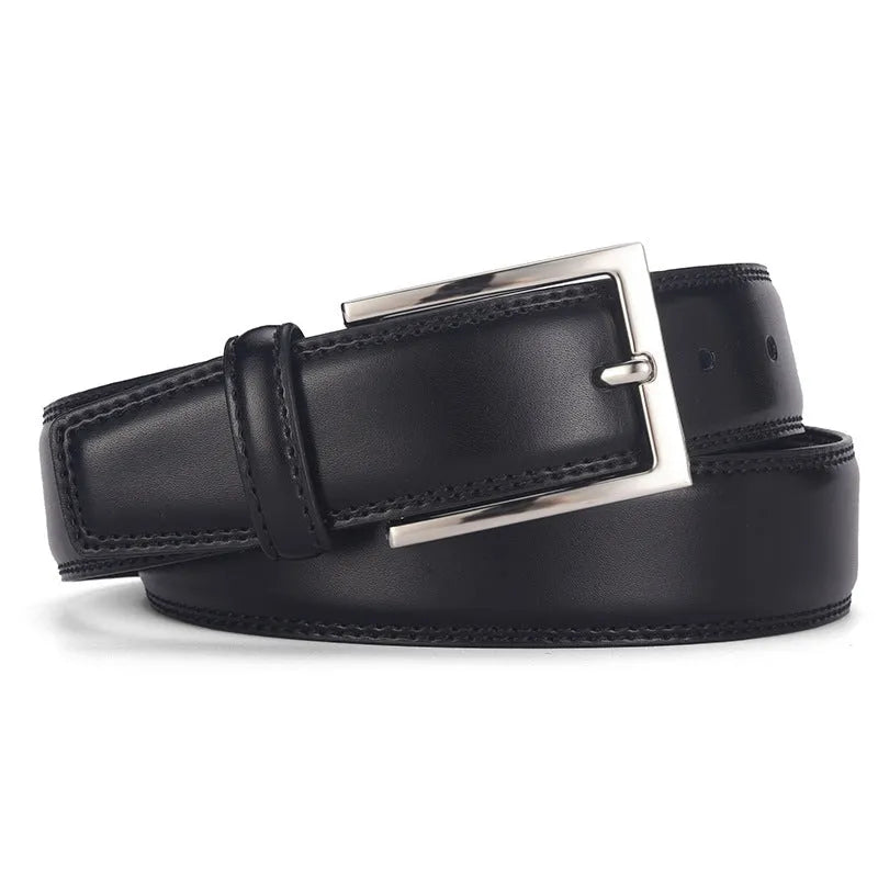 Men's black leather belt with a silver alloy pin buckle laid flat showing its length and width