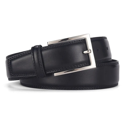 Men's black leather belt with a silver alloy pin buckle laid flat showing its length and width
