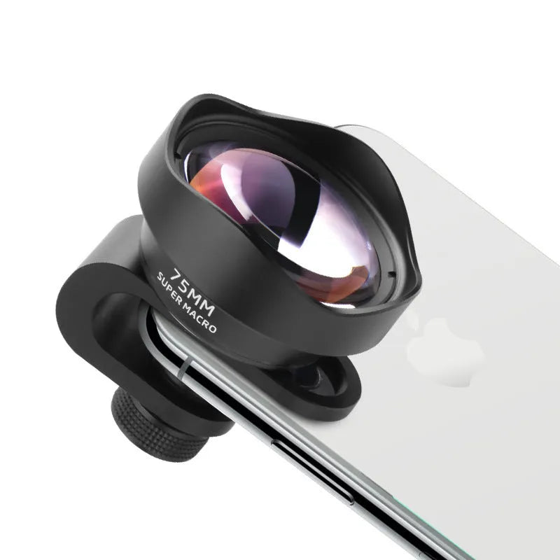 Universal mobile phone macro lens with protective cover and storage bag for portable photography.
