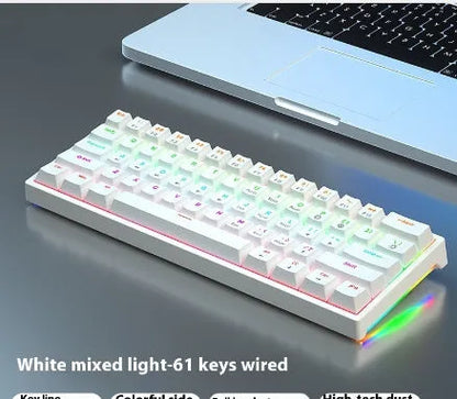 Small white 61-key mechanical keyboard with hot-swappable sockets and a black USB cable.