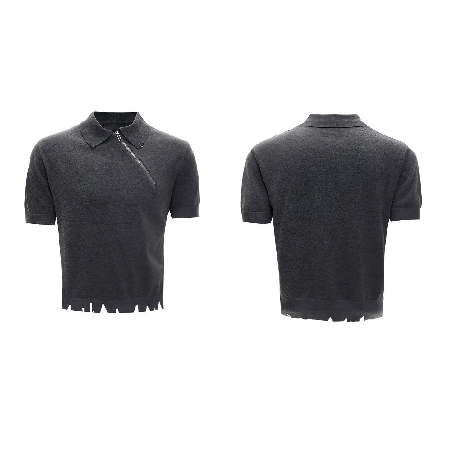 Men's slim-fit black knitted polo shirt with an oblique diagonal zipper and short sleeves.