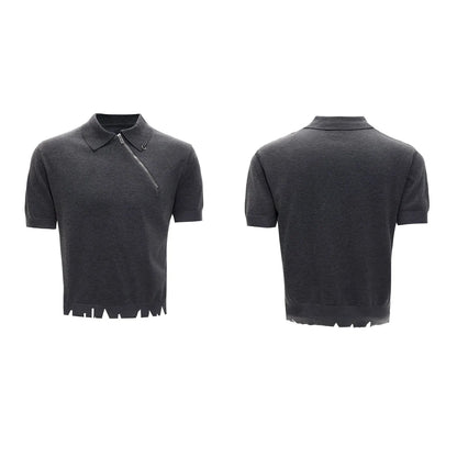 Men's slim-fit black knitted polo shirt with an oblique diagonal zipper and short sleeves.