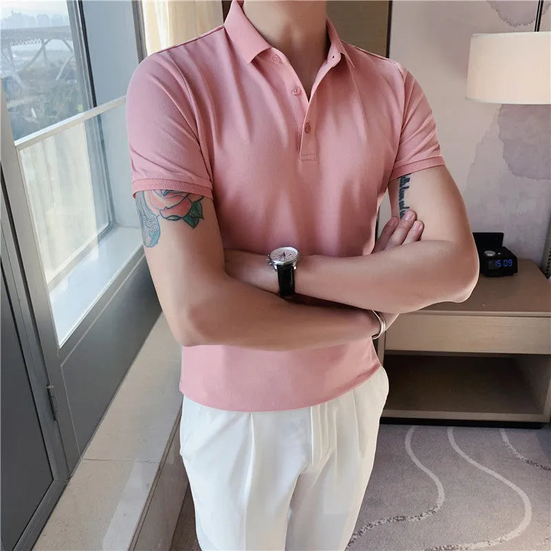 Solid colour cotton blend polo shirt with lapel collar and short sleeves in Korean style fit