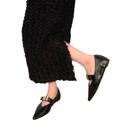 Women's silver Mary Jane buckle pumps with pointed toe and low flat heel, shown in black and wine red colours.