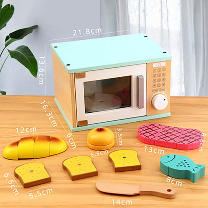 Wooden children's playhouse toys with Maca Dragon design, including kitchen-themed pieces for imaginative play