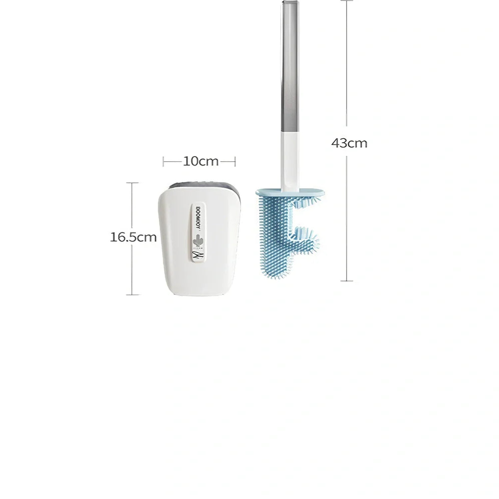 Blue toilet brush with angled TPR bristles in wall-mounted bucket for bathroom cleaning