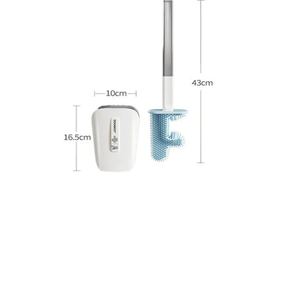 Blue toilet brush with angled TPR bristles in wall-mounted bucket for bathroom cleaning