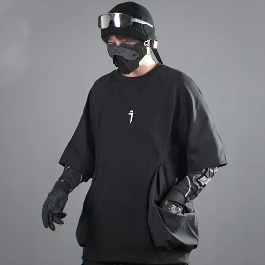 Men's loose grey cotton t-shirt with big chest pockets and short sleeves