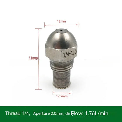 304 stainless steel high and low pressure atomising nozzle with external thread and filter.