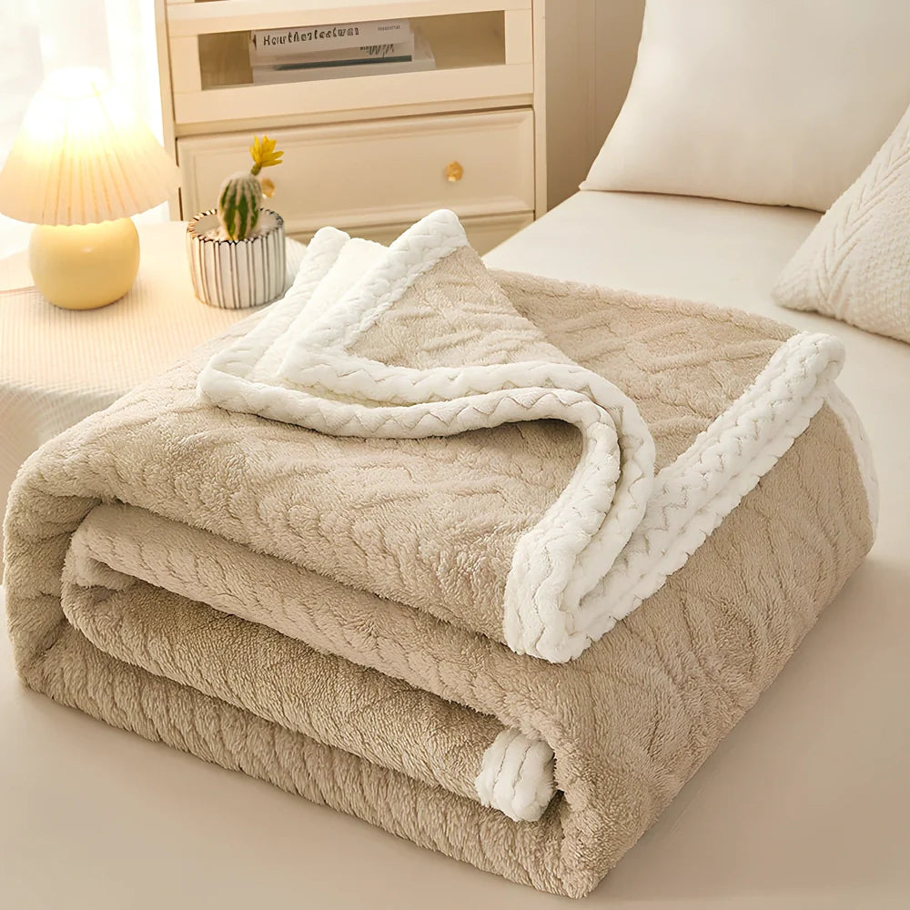 Double-thickened coral fleece sofa blanket in caramel colour showing dense texture and substantial thickness