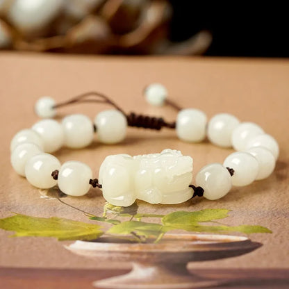 Traditional Chinese Hetian jade bracelet with black and red adjustable ropes and jade beads
