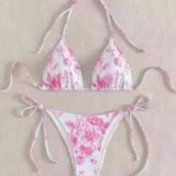 Halter neck lace-up bikini set with floral ink print, polyester lining, in black, light blue or pink