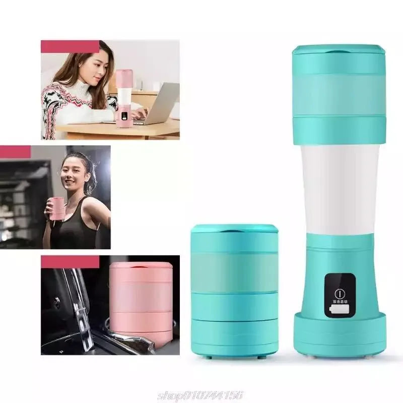 Blue portable mini blender with USB charging cable and measuring 450ml capacity