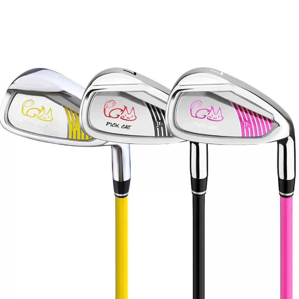 Beginner golf clubs for kids with stainless steel heads in black red, pink, and yellow