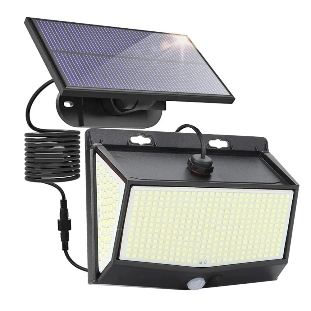 468 LED solar wall light with separate solar panel, IP65 waterproof, cold white, for outdoor courtyard and garden walls.