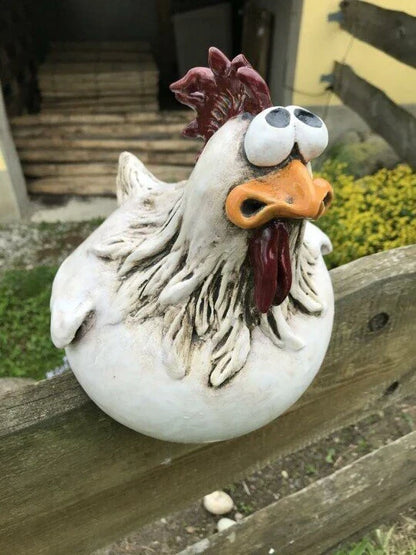 Resin chicken garden statue with vibrant colors and a playful design, perfect for adding charm to outdoor spaces