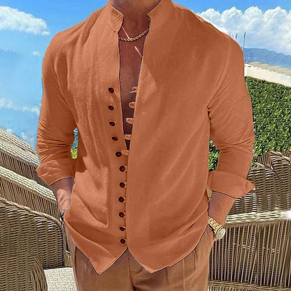 Retro-inspired button-down long-sleeve casual shirt in a variety of classic colors for men