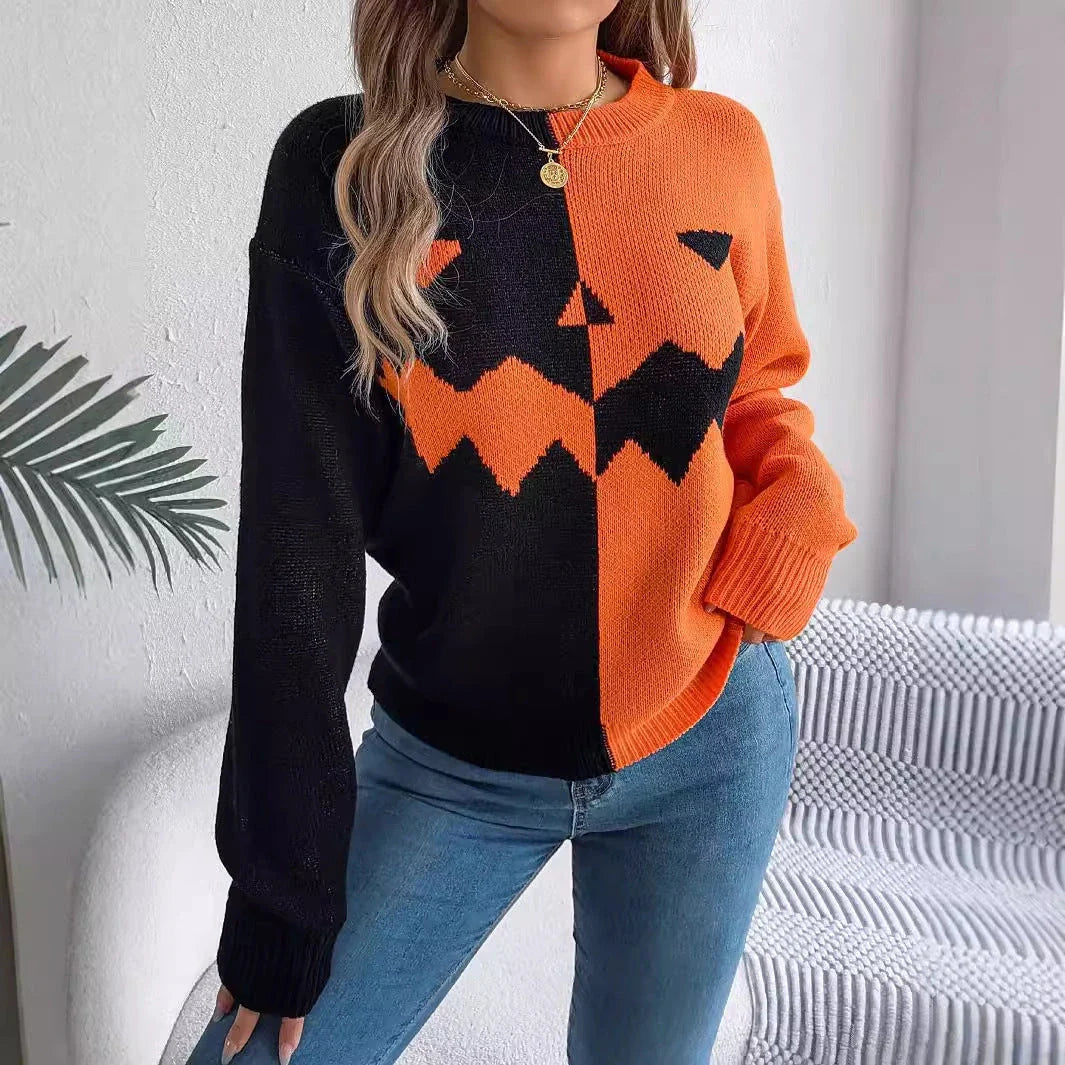 Cozy Halloween pullover sweater with ghost pattern in orange, khaki, and grey colors