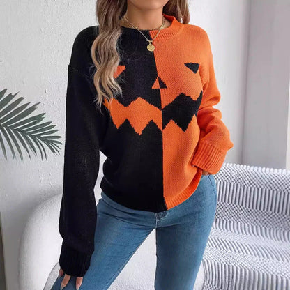 Cozy Halloween pullover sweater with ghost pattern in orange, khaki, and grey colors