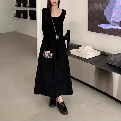Women's square collar knitted dress in black or grey with elastic waist and A-line skirt, long sleeves