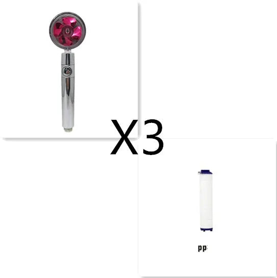 Chrome-finished ABS plastic water-saving shower head with a round, rotating spray head.