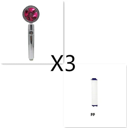 Chrome-finished ABS plastic water-saving shower head with a round, rotating spray head.