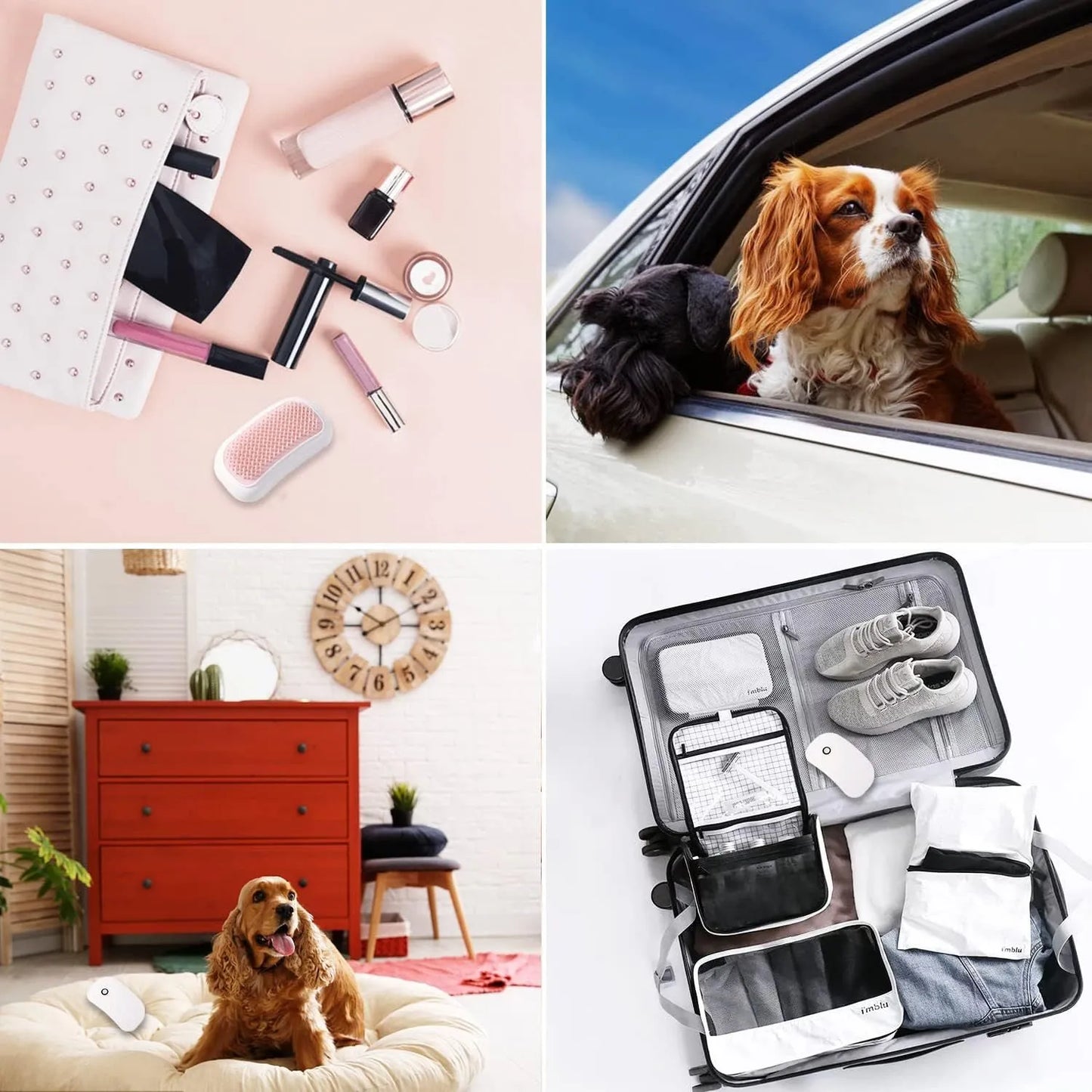 Pink Fuigarry handheld electric pet brush with soft teeth, placed on a carpet next to a cat.