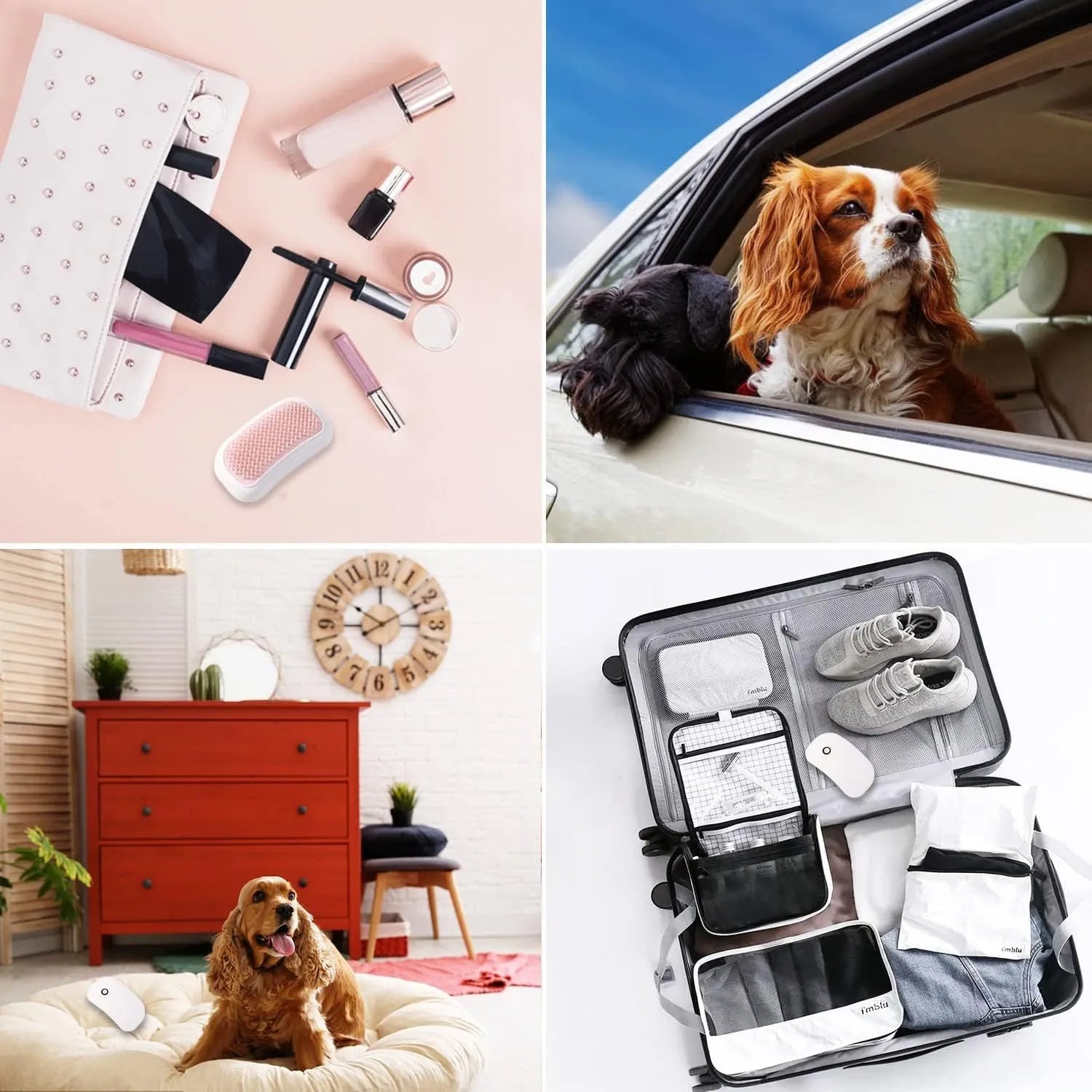Pink Fuigarry handheld electric pet brush with soft teeth, placed on a carpet next to a cat.