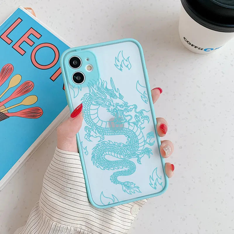 Frosted iPhone case with dragon line art in black, showing Chinese-style painted design and TPU PC back cover.