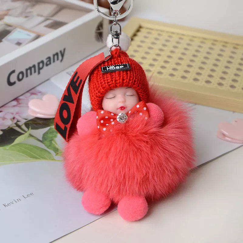 Hand-woven fox fur sleeping doll keychain pendant with optional bow