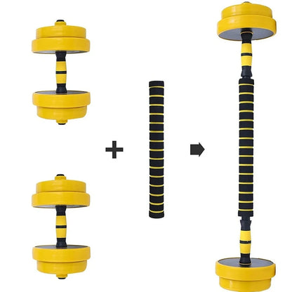 Yellow adjustable dumbbell barbell set with connecting rod and weight plates for home strength training