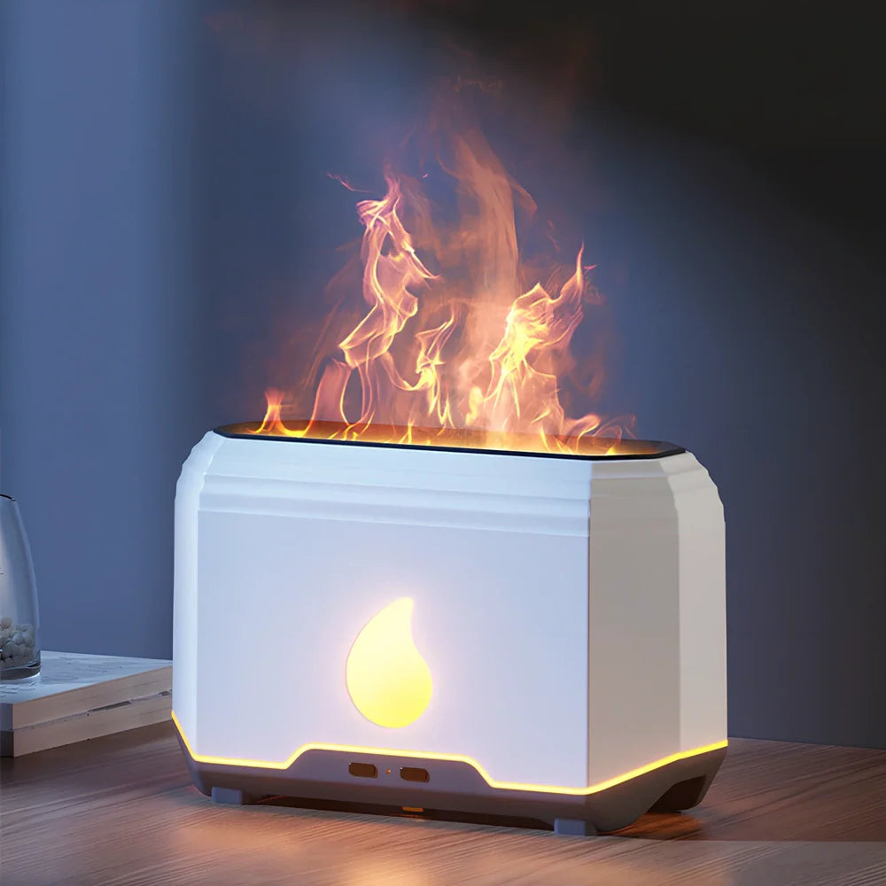 White intelligent flame aromatherapy humidifier with 200ml tank and USB power for mist and oil diffusion