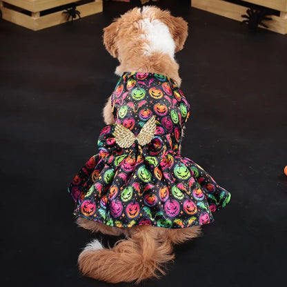 Angel wings Halloween dog costume in bright pumpkin or bat design, lightweight polyester fabric, sizes S to XL