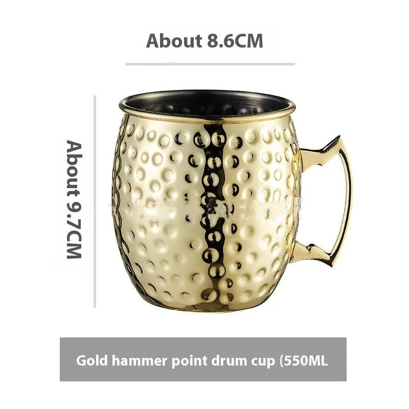 Stainless steel Moscow Mule cup with copper interior in gold, rose gold, silver, or black finish.