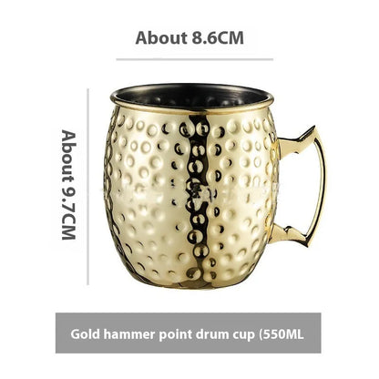 Stainless steel Moscow Mule cup with copper interior in gold, rose gold, silver, or black finish.