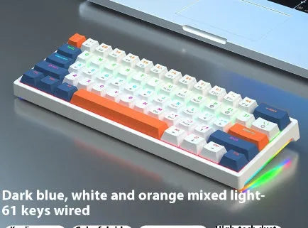 Small white 61-key mechanical keyboard with hot-swappable sockets and a black USB cable.