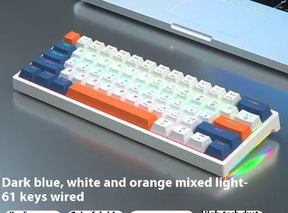 Small white 61-key mechanical keyboard with hot-swappable sockets and a black USB cable.