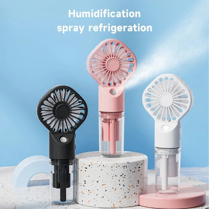 Powerful portable mist fan with four-speed settings, built-in humidifier, and compact design for convenient cooling and hydration