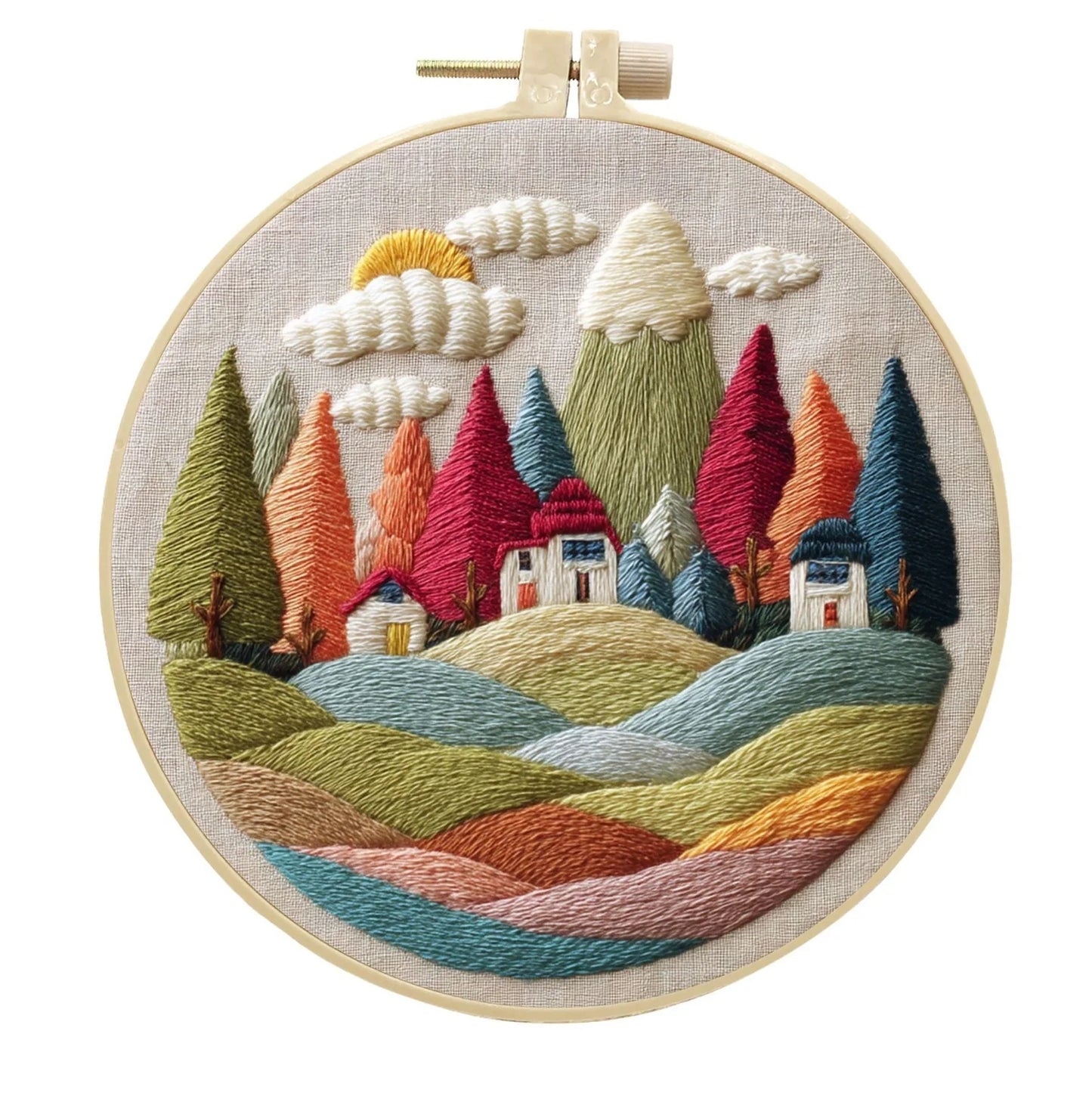 Embroidery DIY landscape kit with bamboo frame, printed fabric, thread, and needles for textile art