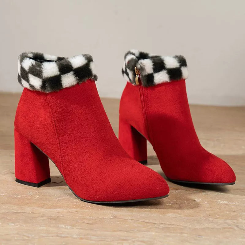 Women's plaid print plush ankle boots with square heel and fur insole