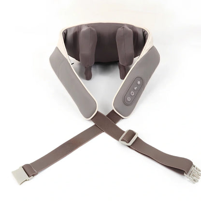 White and grey electric shoulder massager strap with adjustable length showing massage nodes and control button