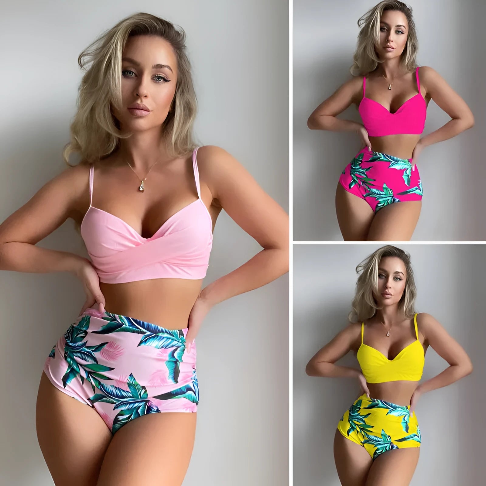 Women's floral print push up bikini set with steel underwire bra and high waist briefs