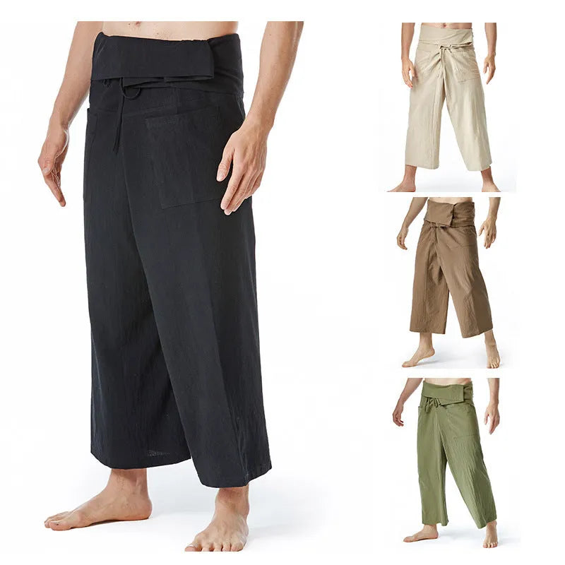 Loose harem yoga pants in solid colour with drawstring waist and straight leg, free size, linen listed