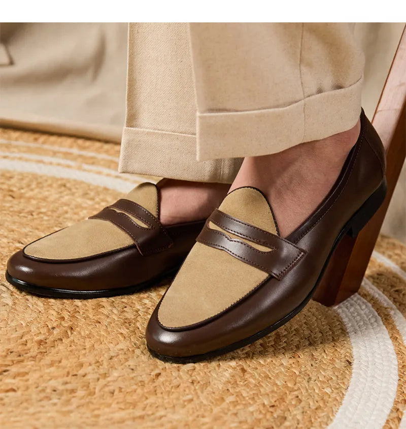 Coffee grey suede leather loafers with rubber sole and kick closure in British style