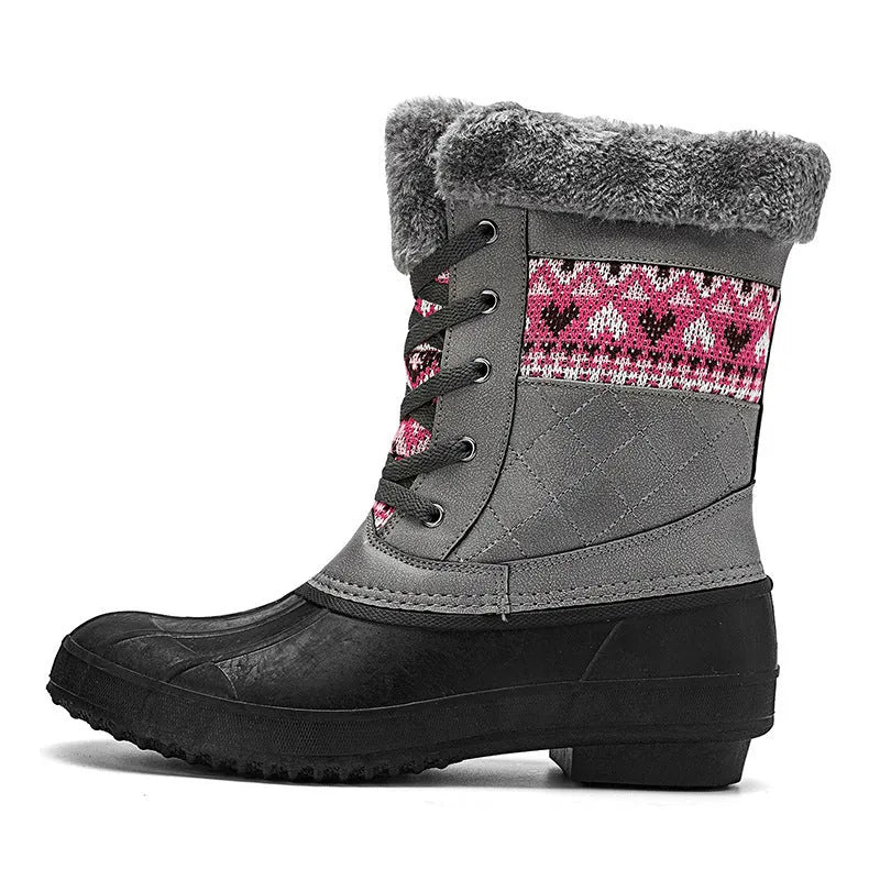 Women's winter high-top hiking shoes in black with plus velvet lining, front tie, and non-slip rubber sole