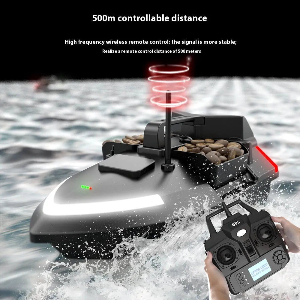 GPS remote control fishing boat with LED lights, measuring 49cm long, for bait placement and night fishing